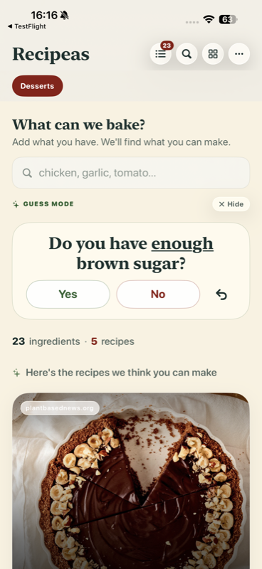 Recipeas dessert mode with pantry questions