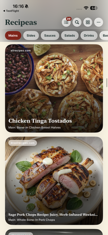 Recipeas mains feed — Chicken Tinga, Sage Pork