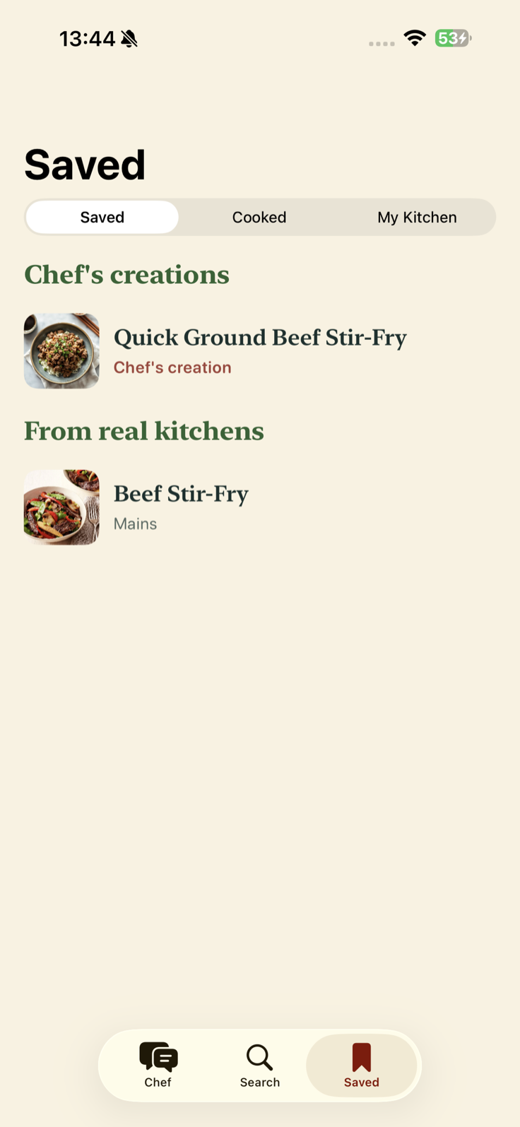 Recipeas Saved tab with chef's creations, saved recipes from real kitchens, cooked history, and My Kitchen